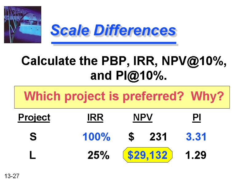 Scale Differences Calculate the PBP, IRR, NPV@10%, and PI@10%. Which project is preferred? 